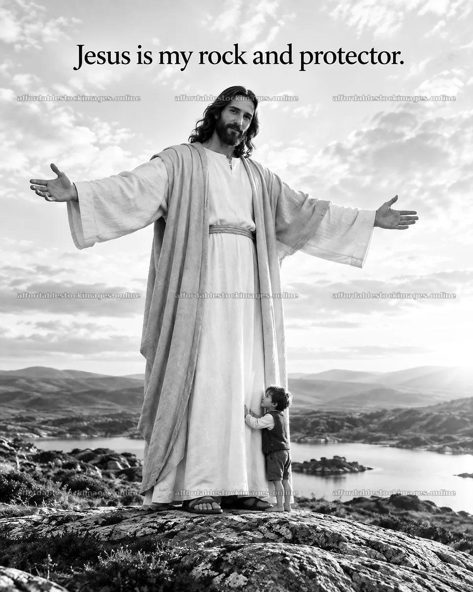Jesus Christ welcoming a child in a serene landscape – stock images 6930x8659
