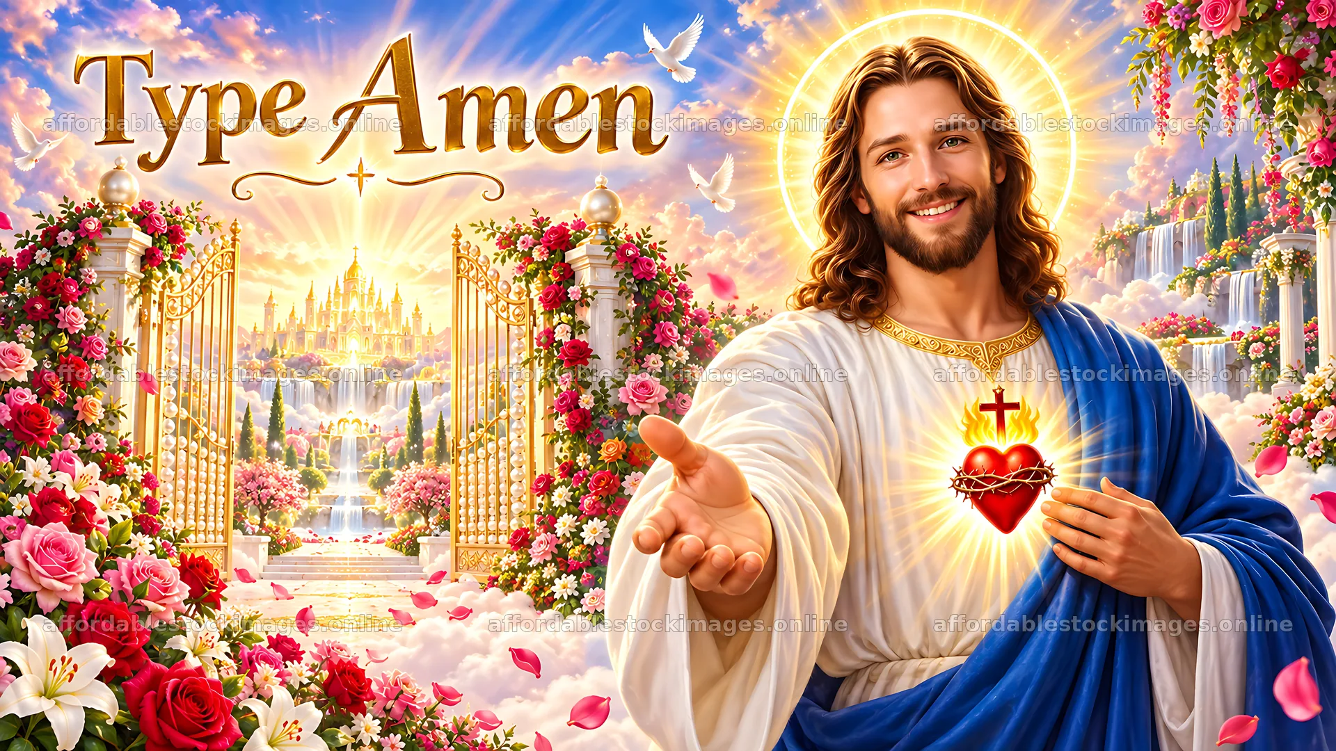 Jesus welcoming with open hands in a rose garden – stock images 10580x5954
