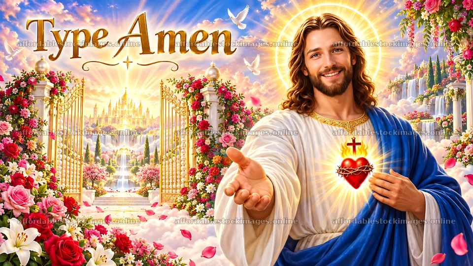 Jesus welcoming with open hands in a rose garden – stock images 10580x5954