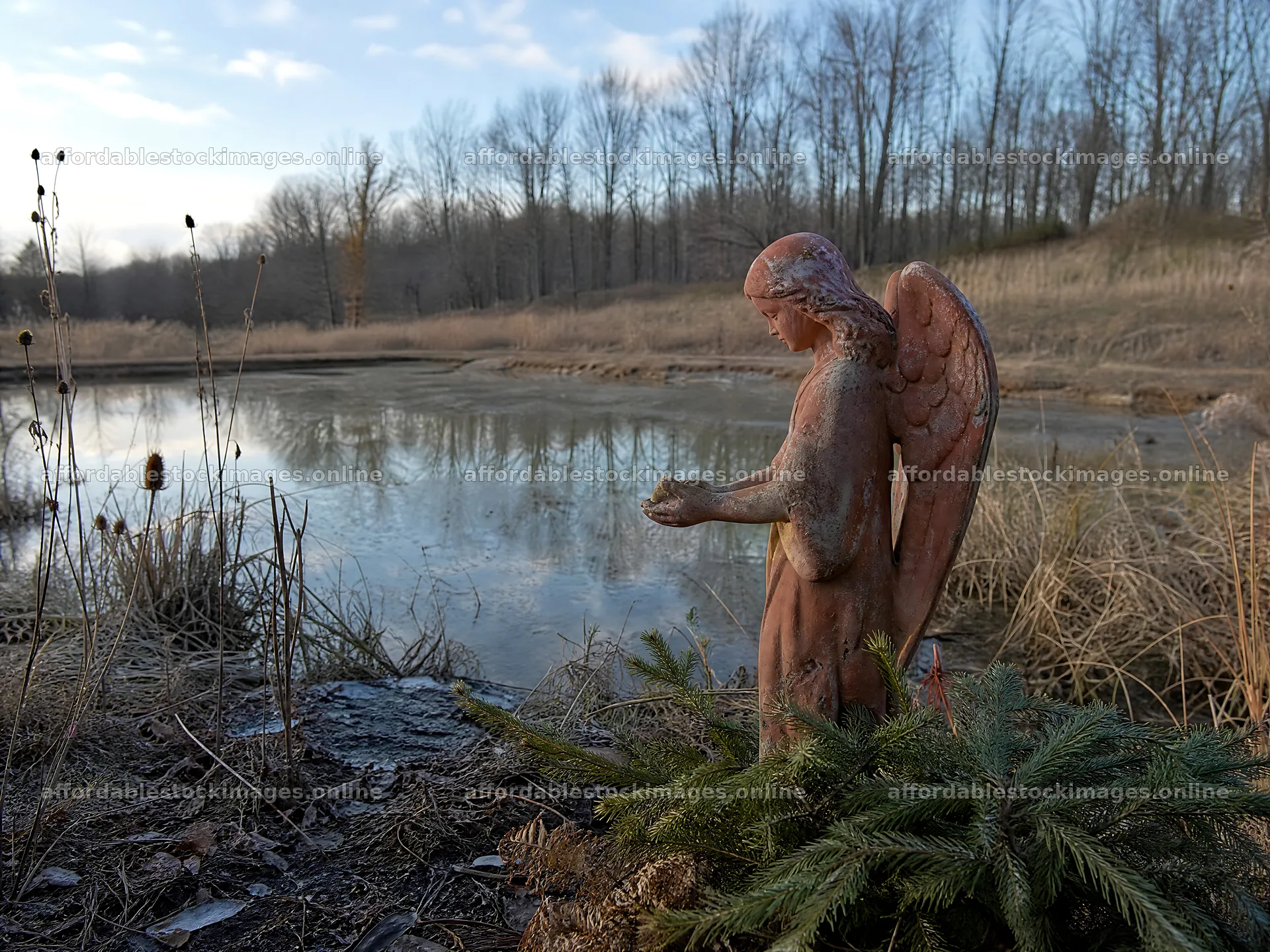 Winter angel statue by a frozen pond in a meadow – stock images 9166x6874