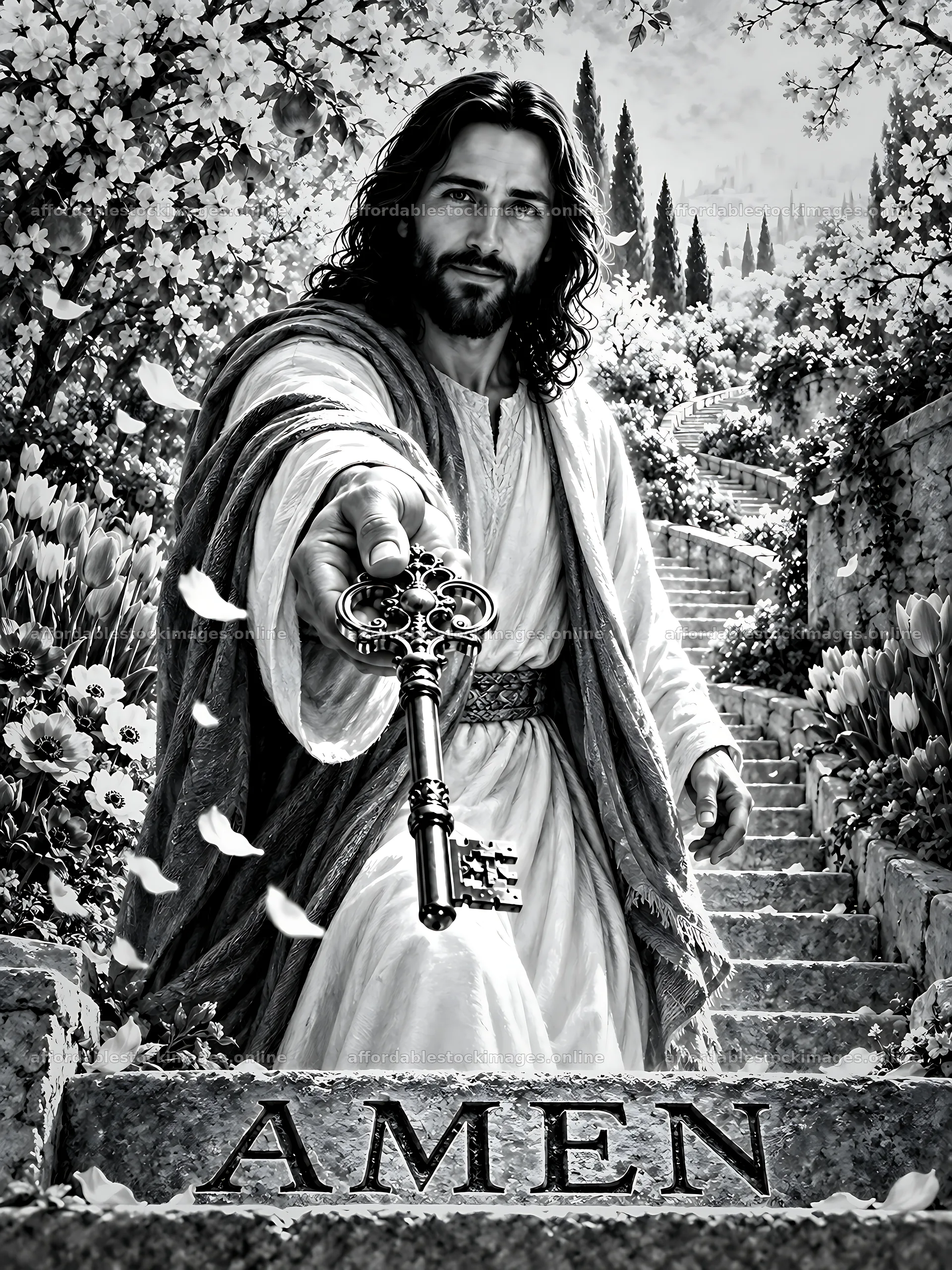 Jesus holding a key on a stairway surrounded by flowers – stock images 6874x9166