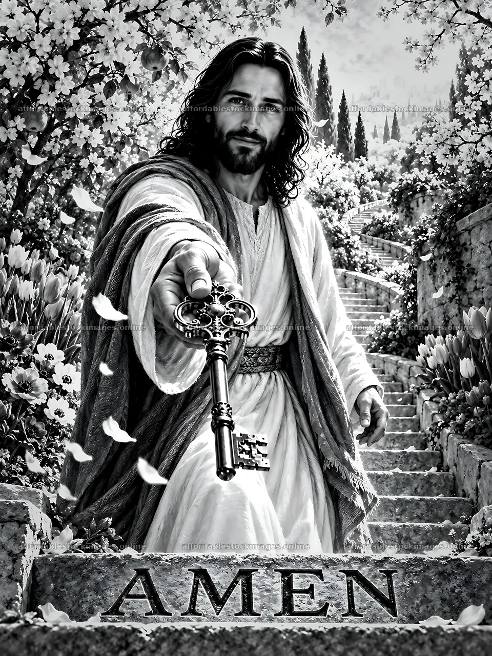 Jesus holding a key on a stairway surrounded by flowers – stock images 6874x9166