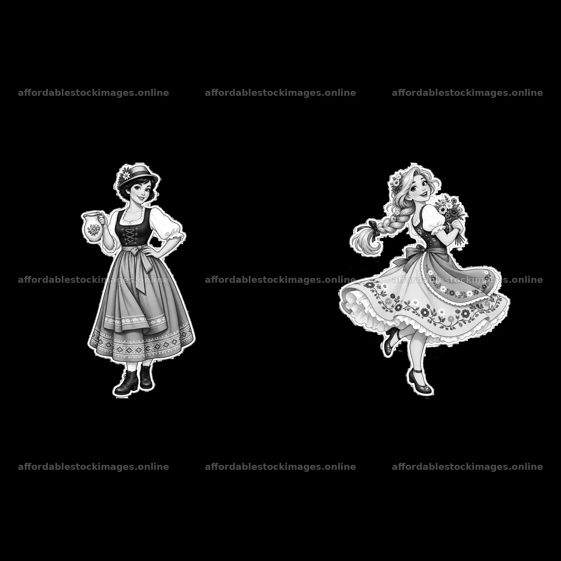 Women in traditional folk dress with accessories in monochrome – stock images 7746x7746