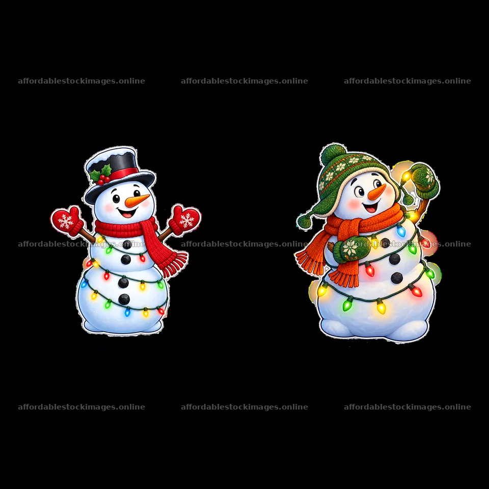 Snowmen wearing hats and scarves with colorful string lights – stock images 7746x7746