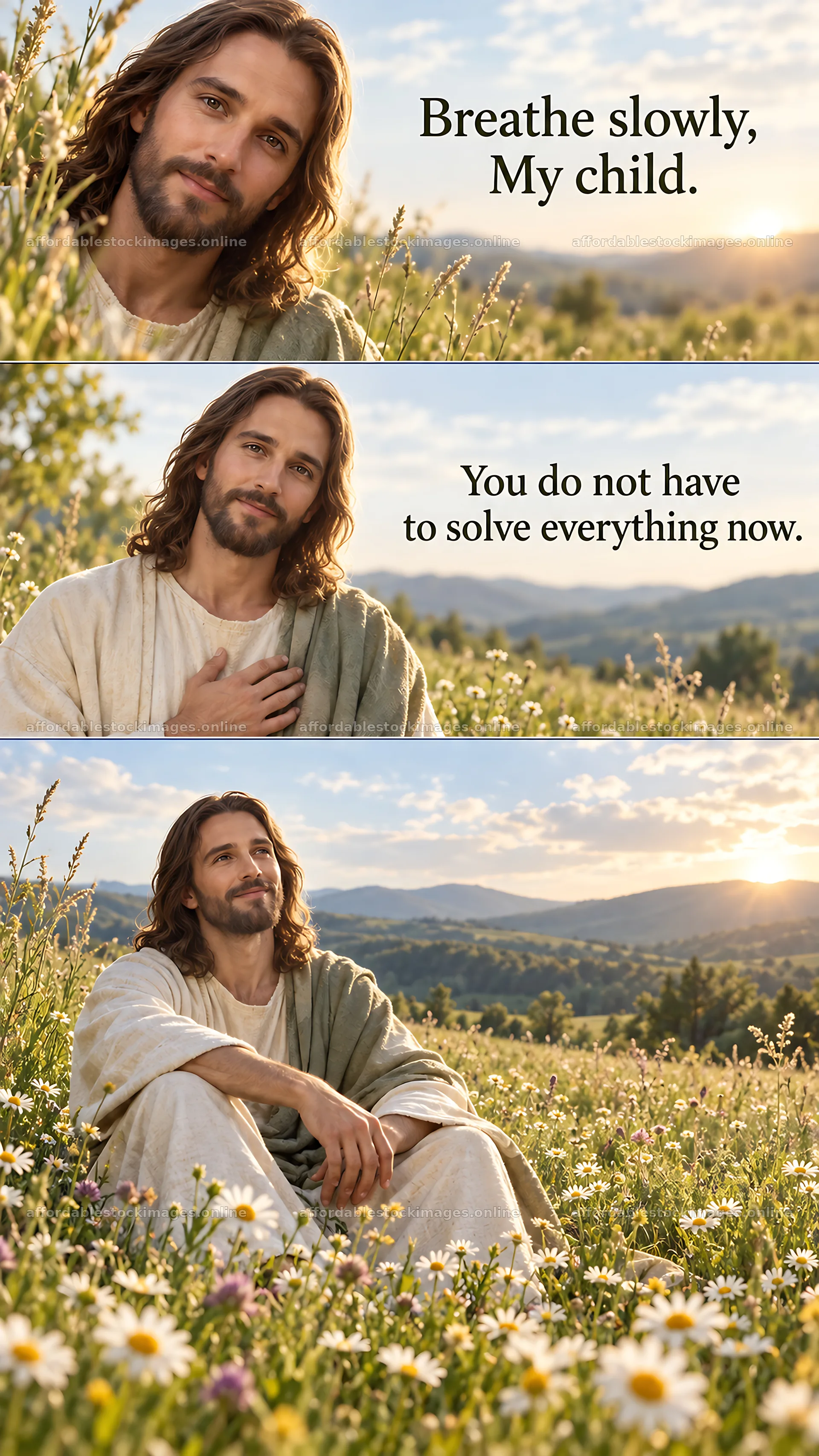 Jesus Christ comforts and reassures in a peaceful meadow scene – stock images 5811x10326