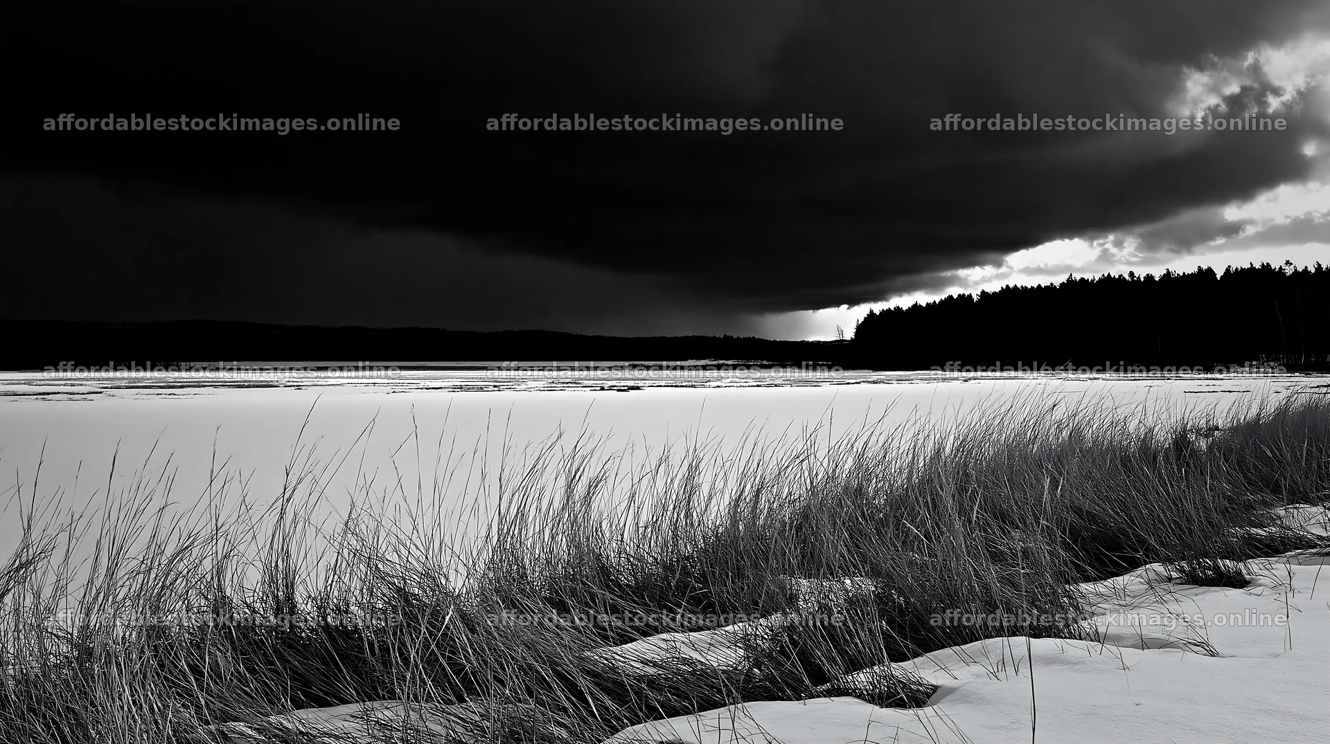 Snowbound meadow with dark clouds overhead – stock images 10608x5938