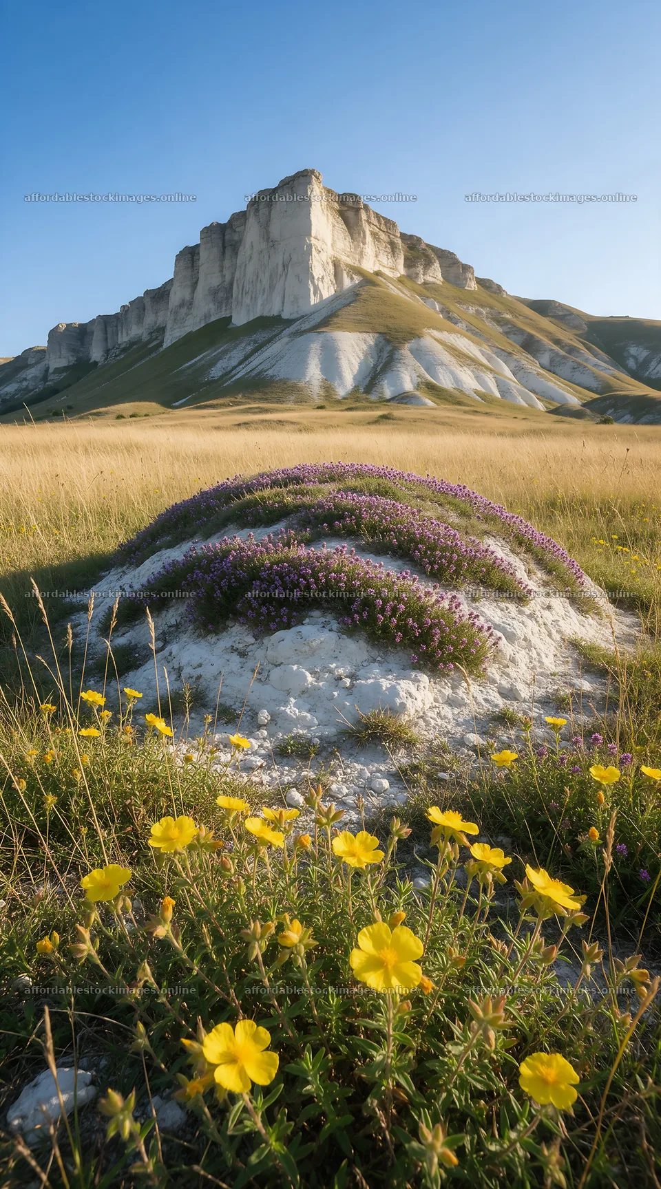 Sunny limestone meadow with distant mountains and wildflowers – stock images 5916x10648
