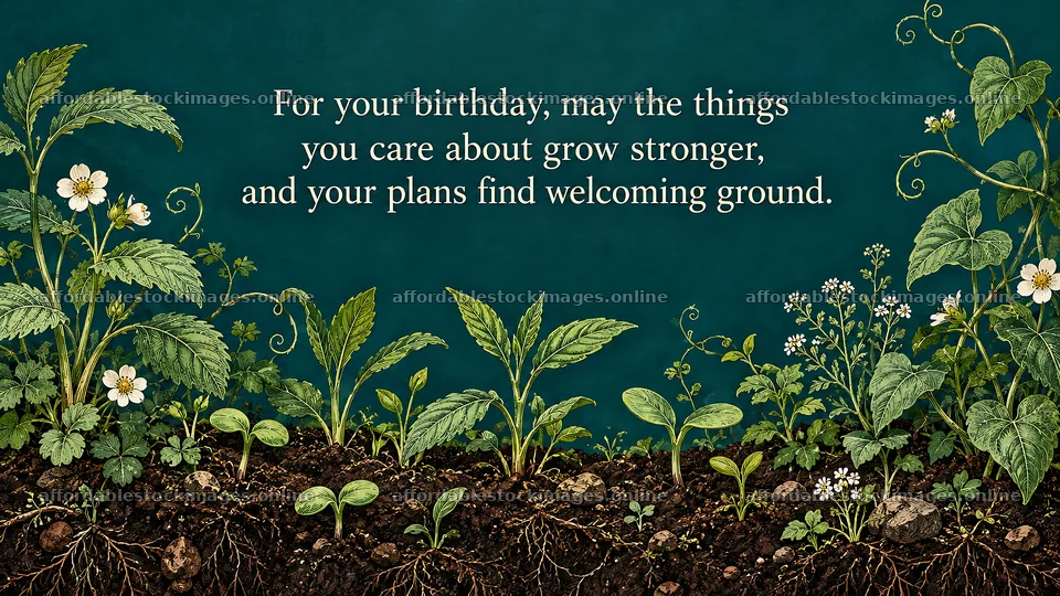 Botanical Birthday Greeting with Growing Seedlings – stock images 10324x5812
