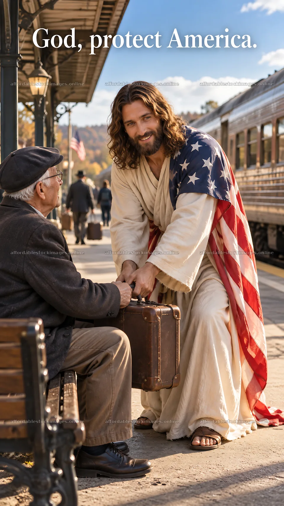 Jesus Christ comforting a traveler at a train station – stock images 5811x10326