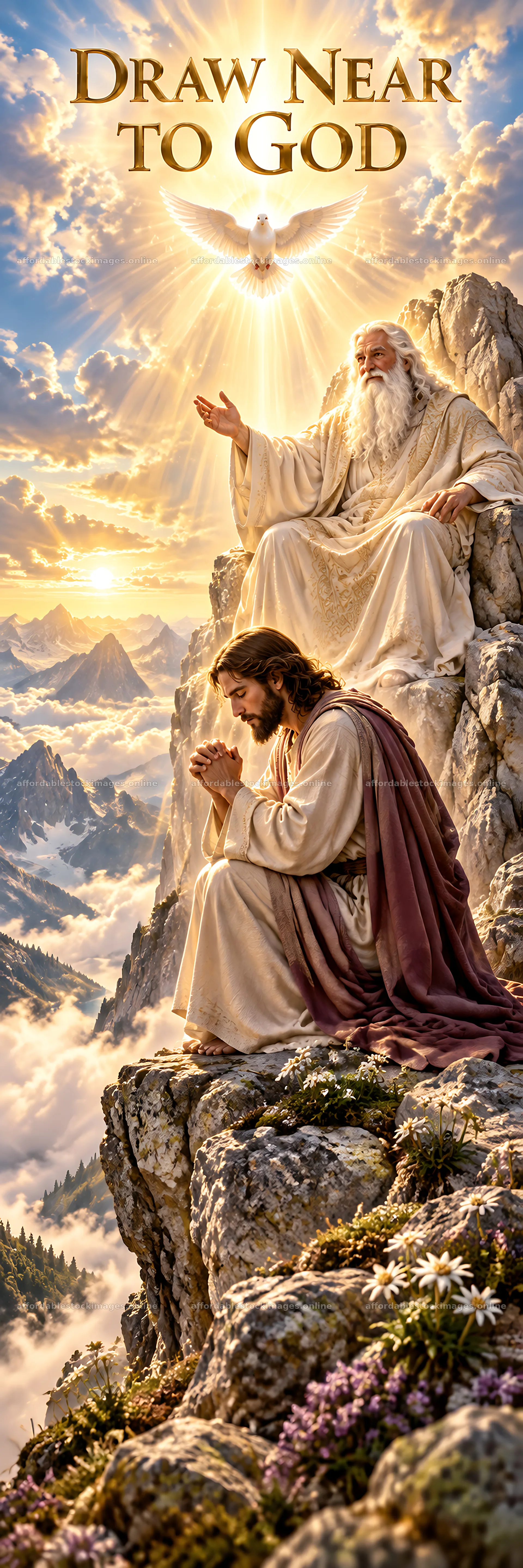Jesus Christ praying in a mountainous landscape – stock images 4472x13417