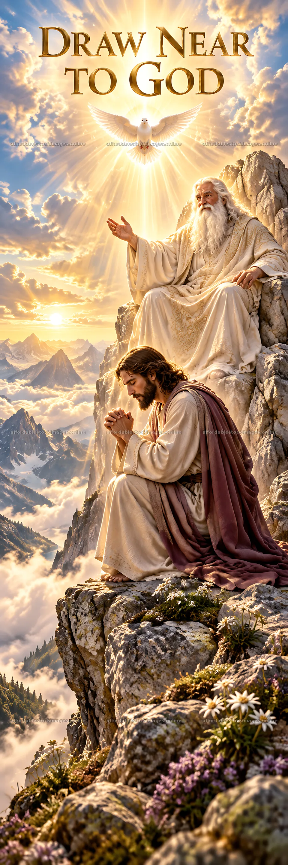 Jesus Christ praying in a mountainous landscape – stock images 4472x13417