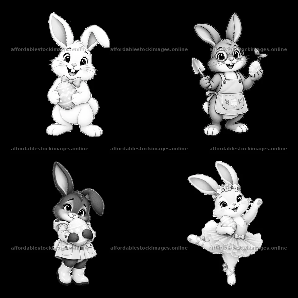Easter bunny cartoon stickers in distinct poses and outfits – stock images 7746x7746