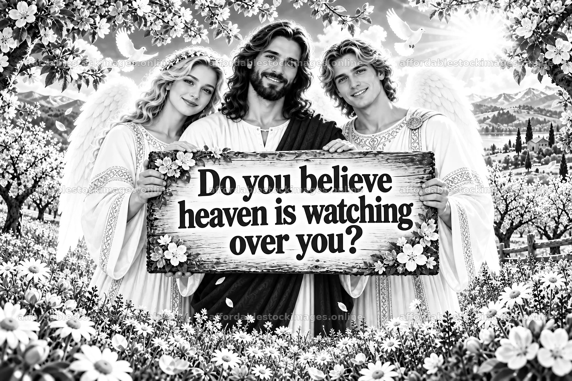 Jesus Christ with angels holding a sign about heaven's watch – stock images 9487x6325