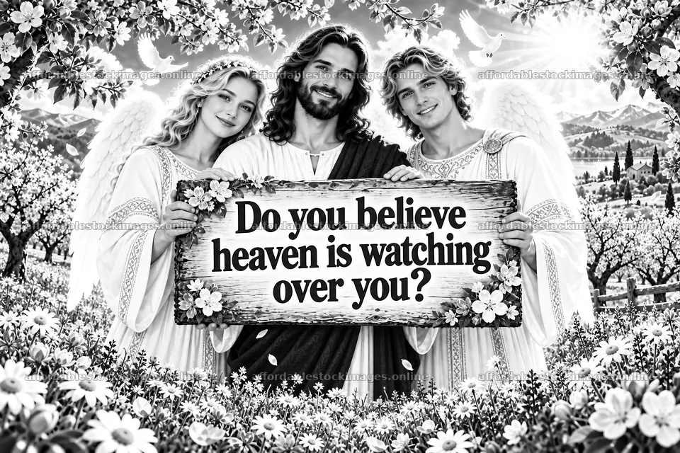 Jesus Christ with angels holding a sign about heaven's watch – stock images 9487x6325