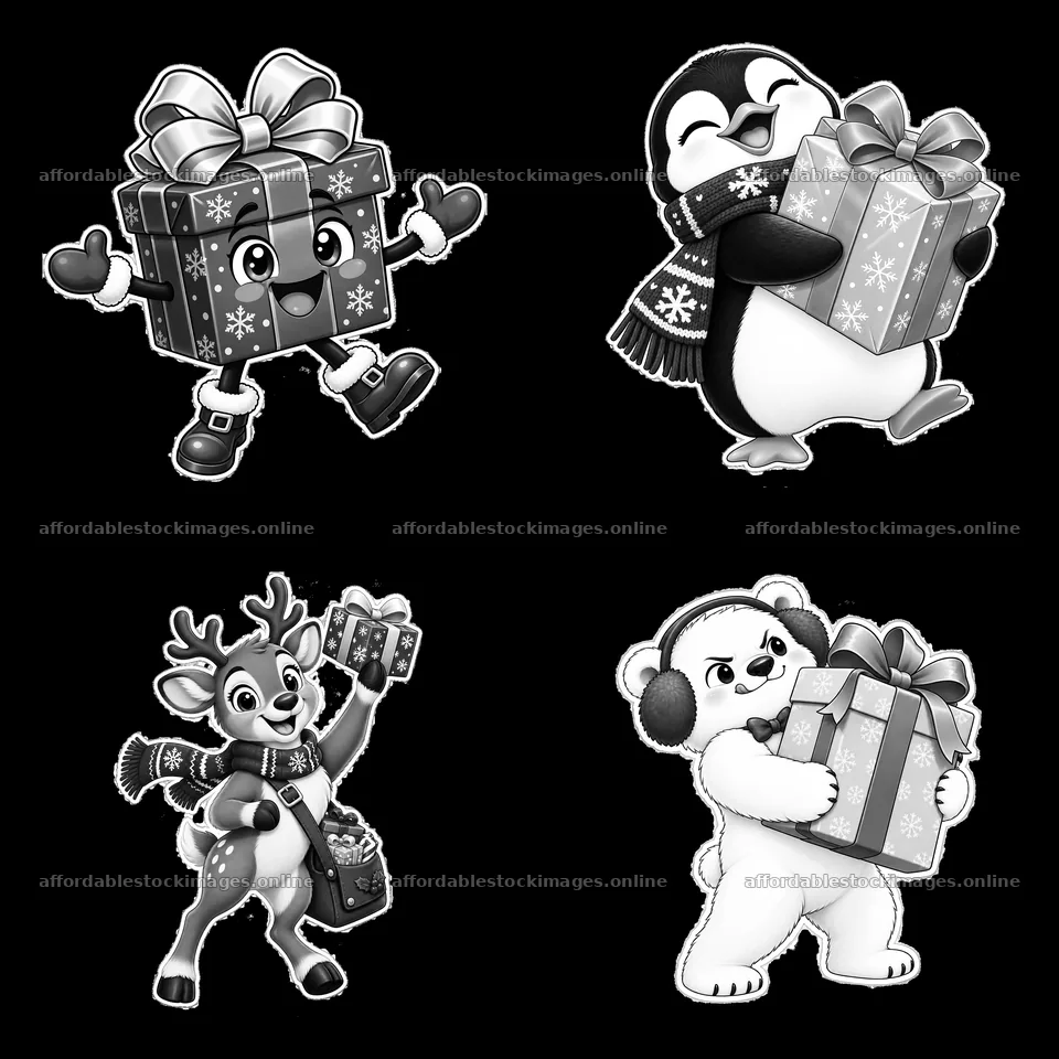 Cute animal characters holding Christmas presents in a grid – stock images 7746x7746