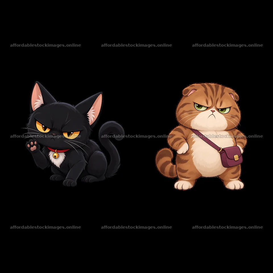 Kawaii grumpy cats with distinct expressions and accessories – stock images 7746x7746
