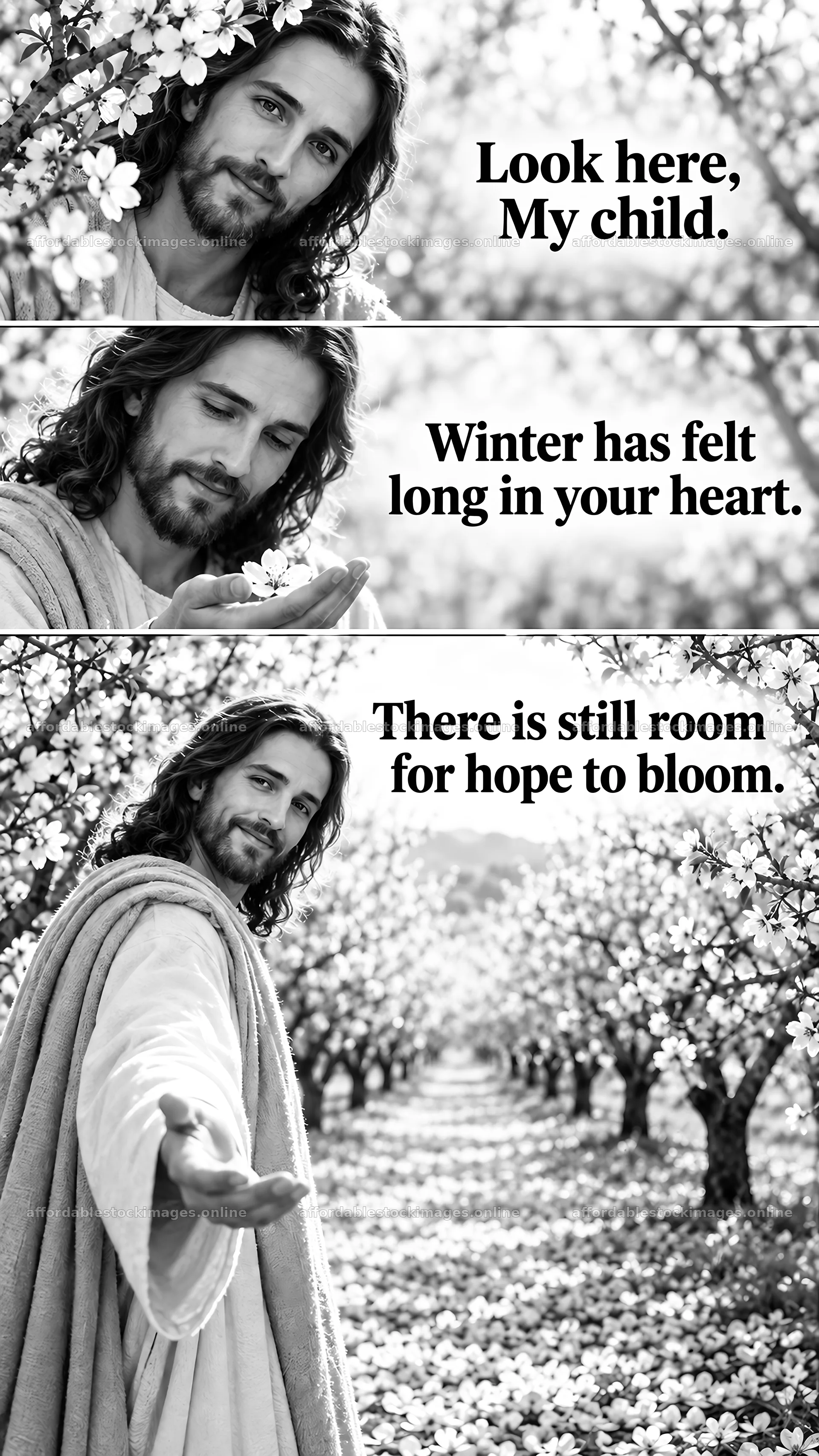 Jesus Christ offers hope and comfort in a blossoming orchard – stock images 5811x10326