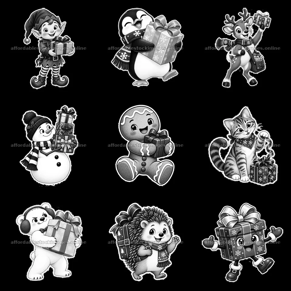 Christmas characters with presents in a nine-part grid – stock images 7746x7746
