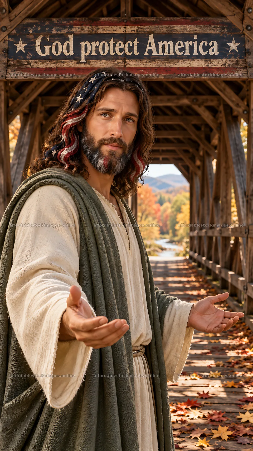 Jesus Christ welcomes with open arms under a bridge – stock images 5811x10326