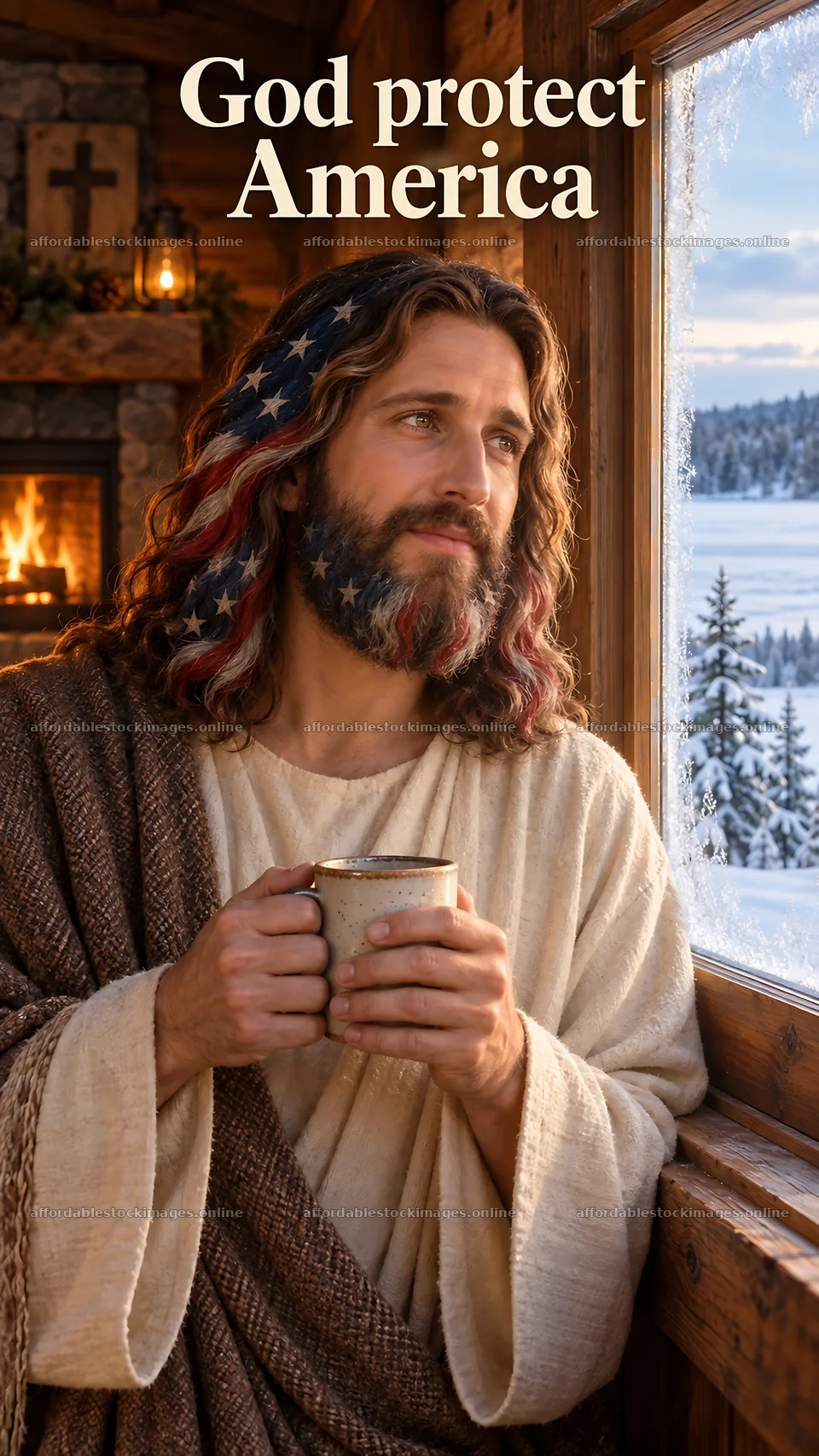Jesus Christ holding a cup and looking out of a window – stock images 5811x10326