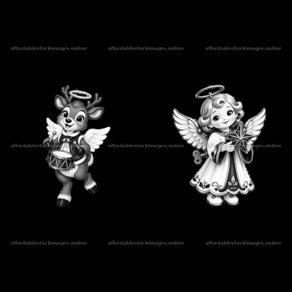 Christmas angel and reindeer playing music together – stock images 7746x7746