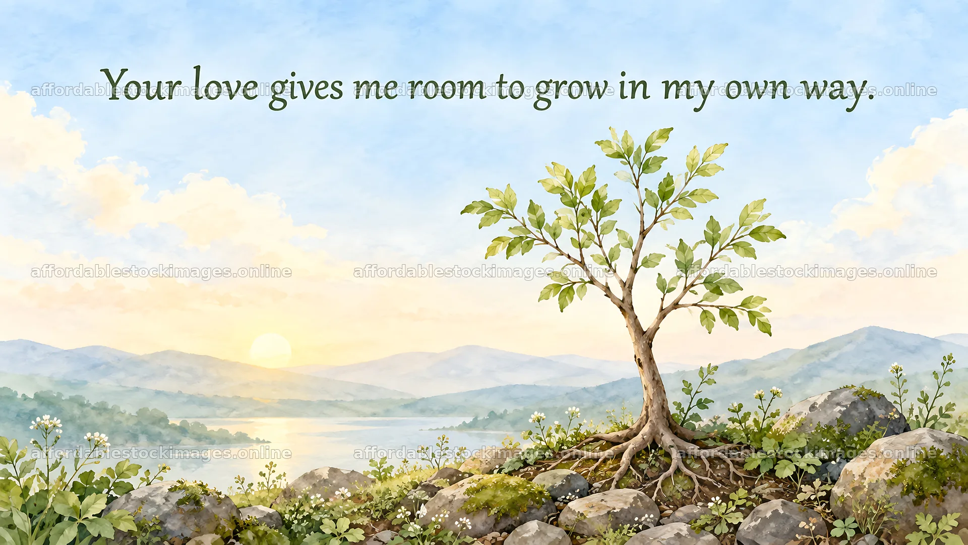 Love Message Over a Tree in a Watercolor Landscape – stock images 10324x5812