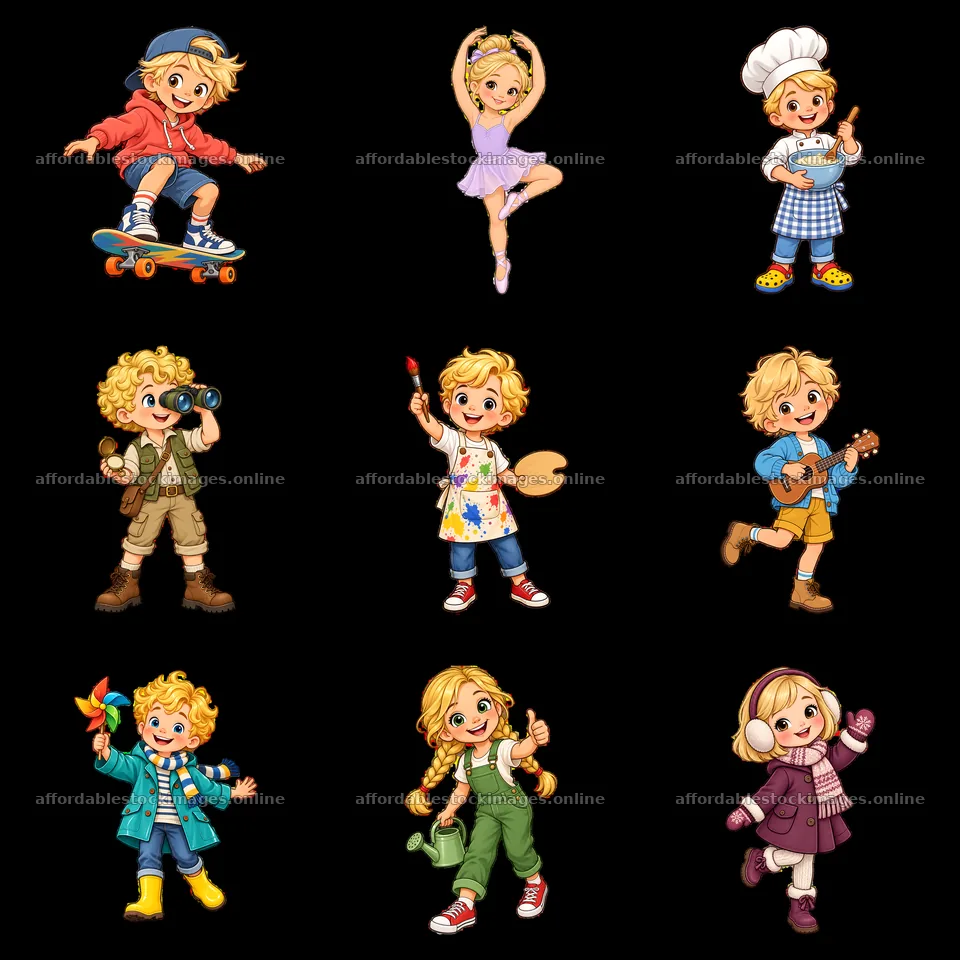 Blond child engaging in various activities, nine cartoon – stock images 7746x7746