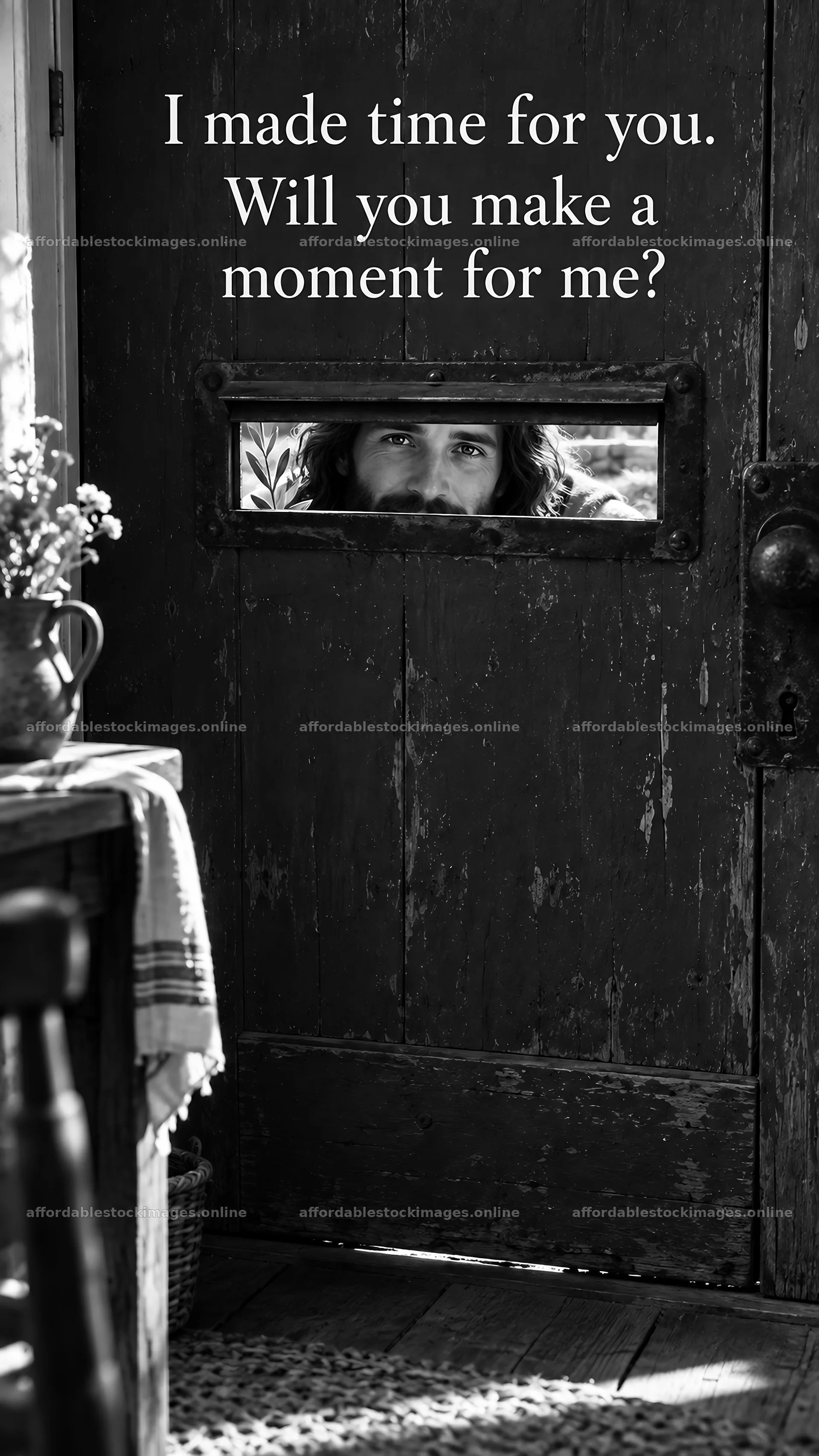 Jesus Christ welcomes the viewer through a door – stock images 5811x10326
