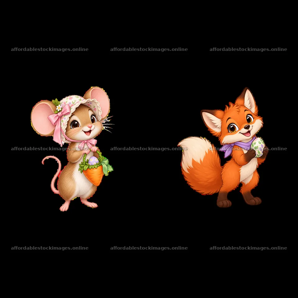 Cute mouse and fox celebrating Easter in a meadow – stock images 7746x7746