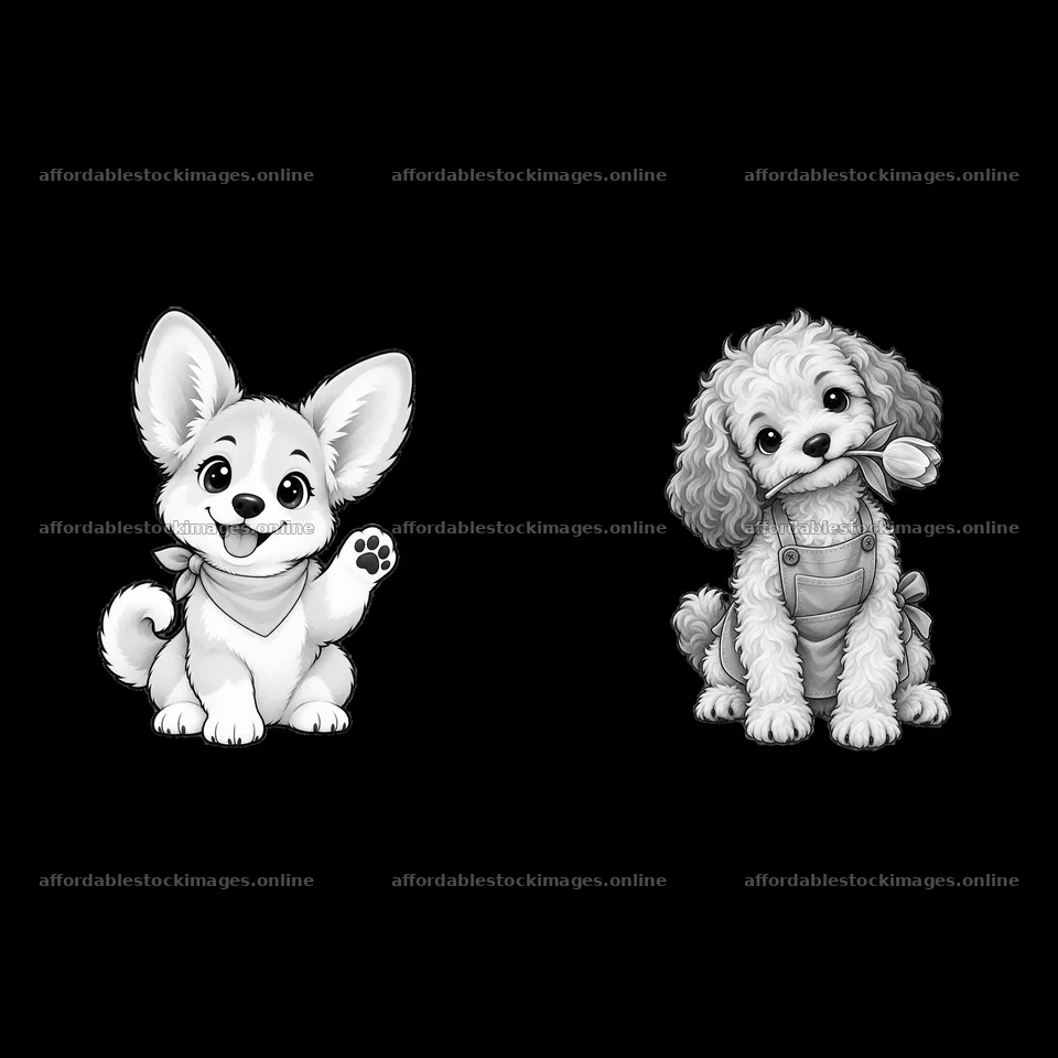 Cute cartoon dog duo waving and sitting side by side – stock images 7746x7746
