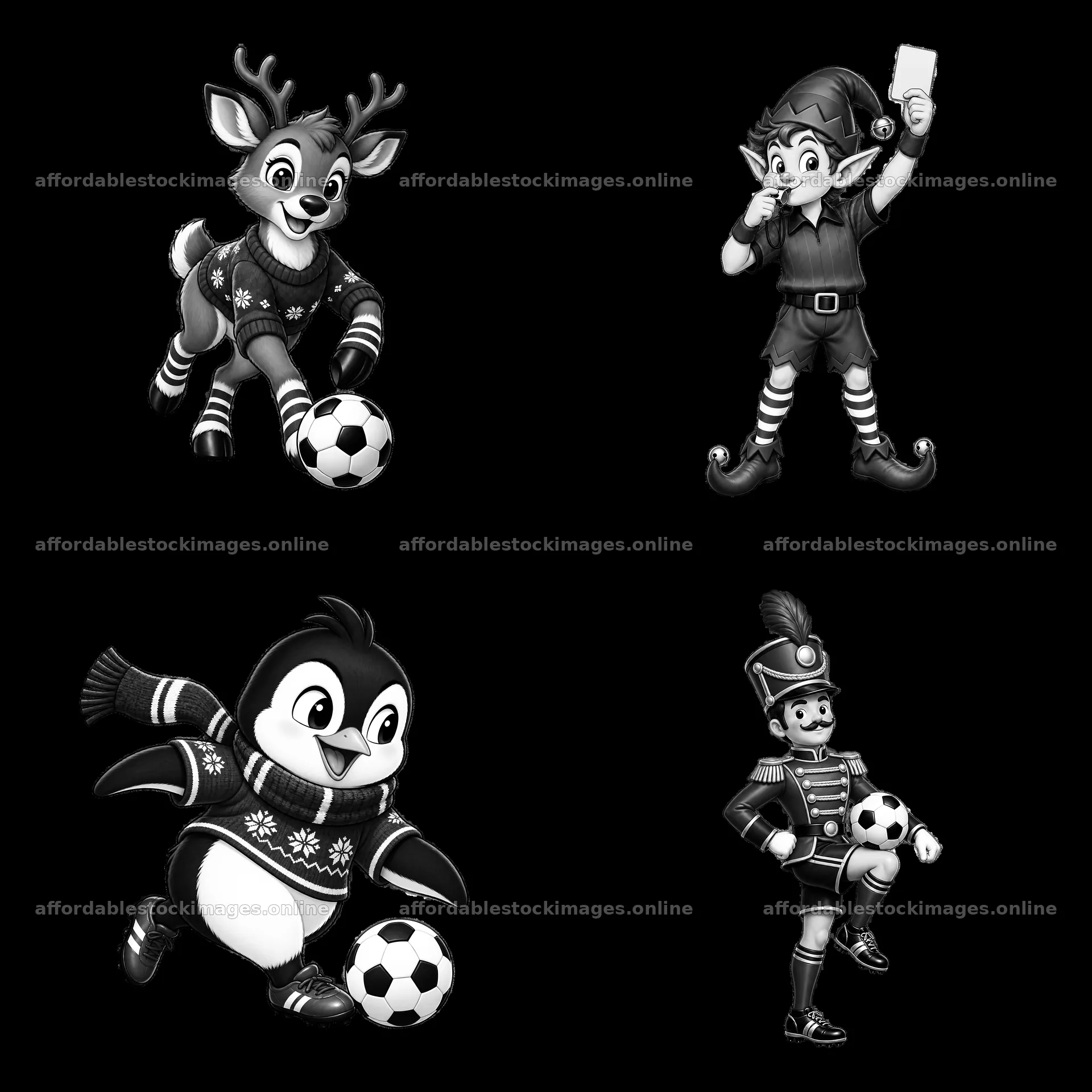 Cartoon Christmas soccer characters in black and white design – stock images 7746x7746
