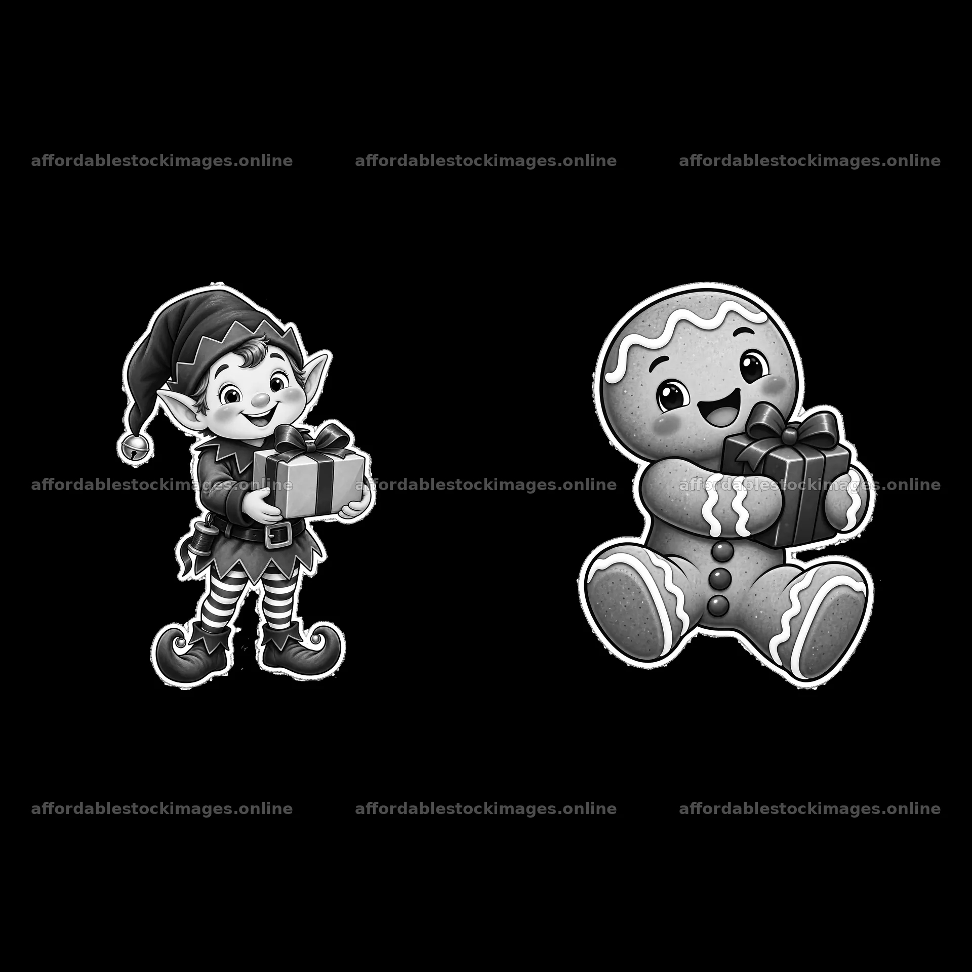 Elf and gingerbread cookie holding Christmas presents – stock images 7746x7746
