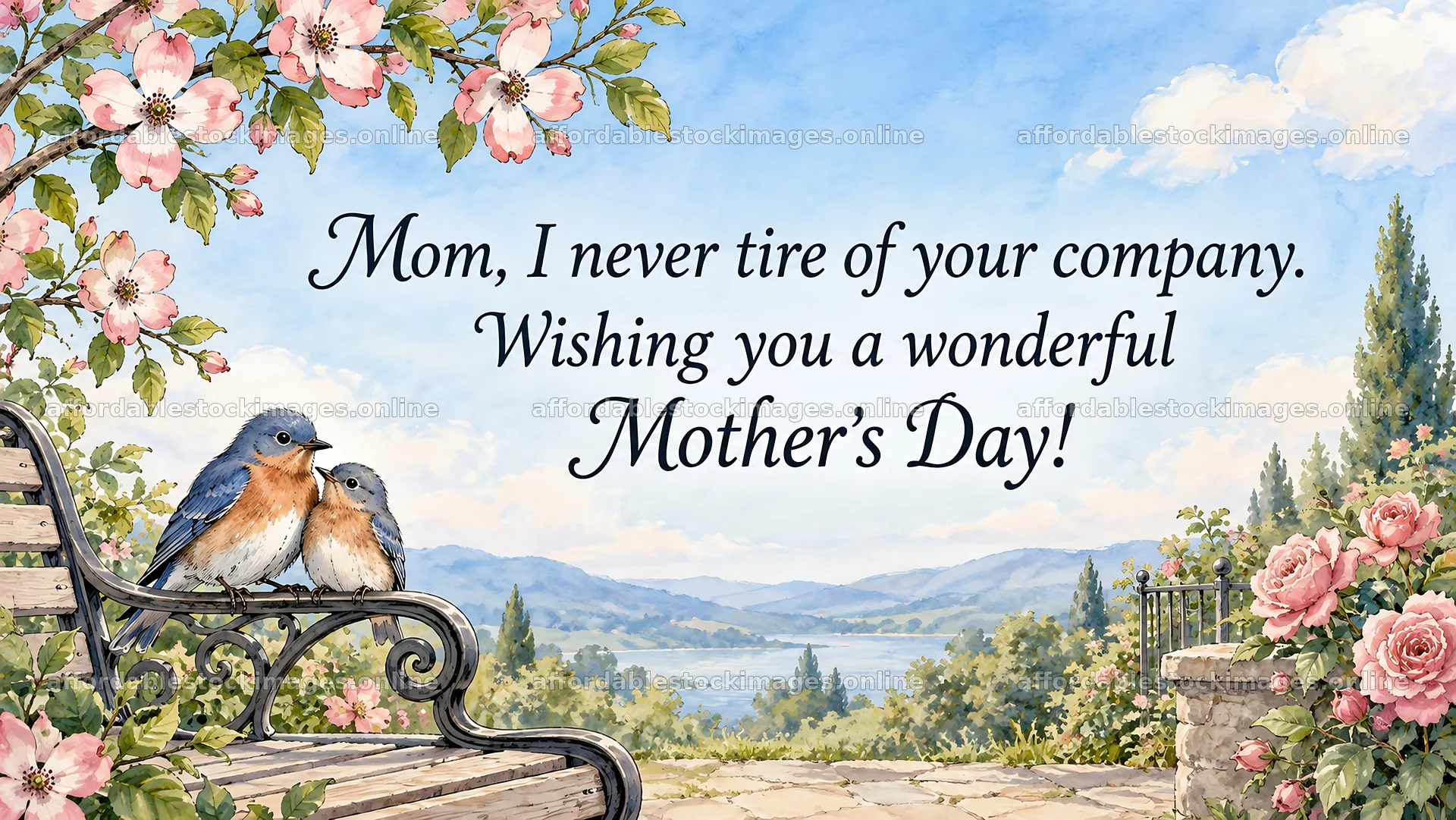 Mother's Day greeting with birds in a spring garden – stock images 10324x5812
