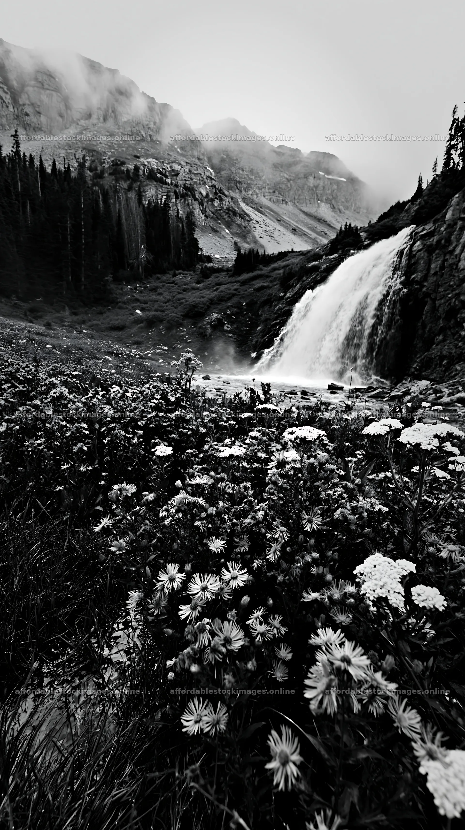 Alpine waterfall flowing through a flower meadow – stock images 5938x10608