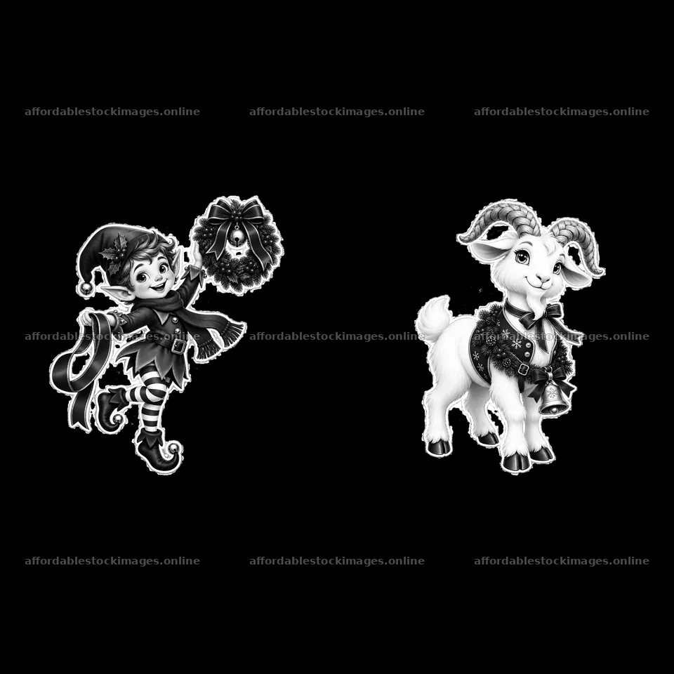 Elf holding wreath and goat with bell for Christmas decoration – stock images 7746x7746