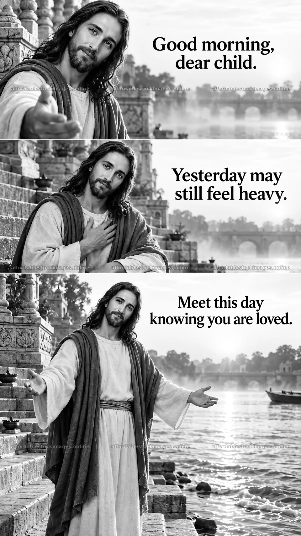 Jesus Christ shares comfort and encouragement by the water – stock images 5811x10326