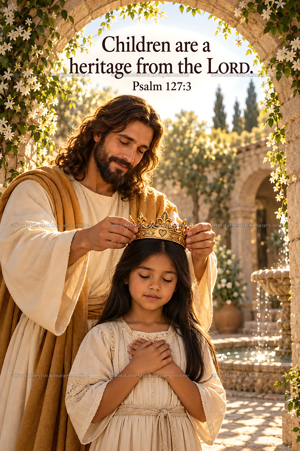 Children receive blessings in a garden setting – stock images 6480x9722