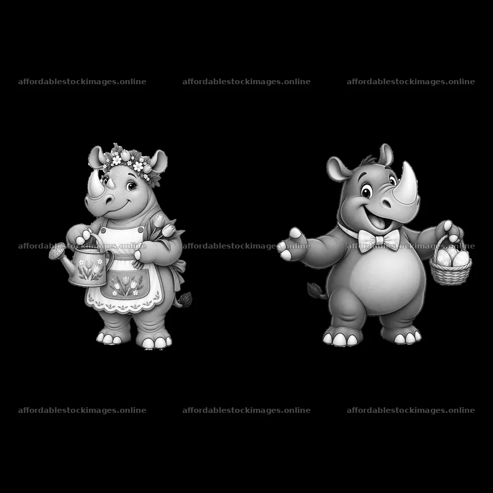 Easter rhinoceros characters with baskets and watering can – stock images 7746x7746
