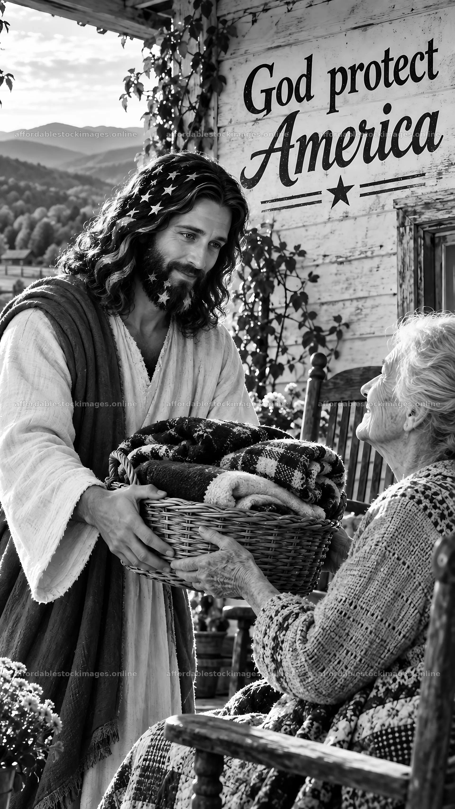 Jesus Christ comforting a woman in a cozy setting – stock images 5811x10326