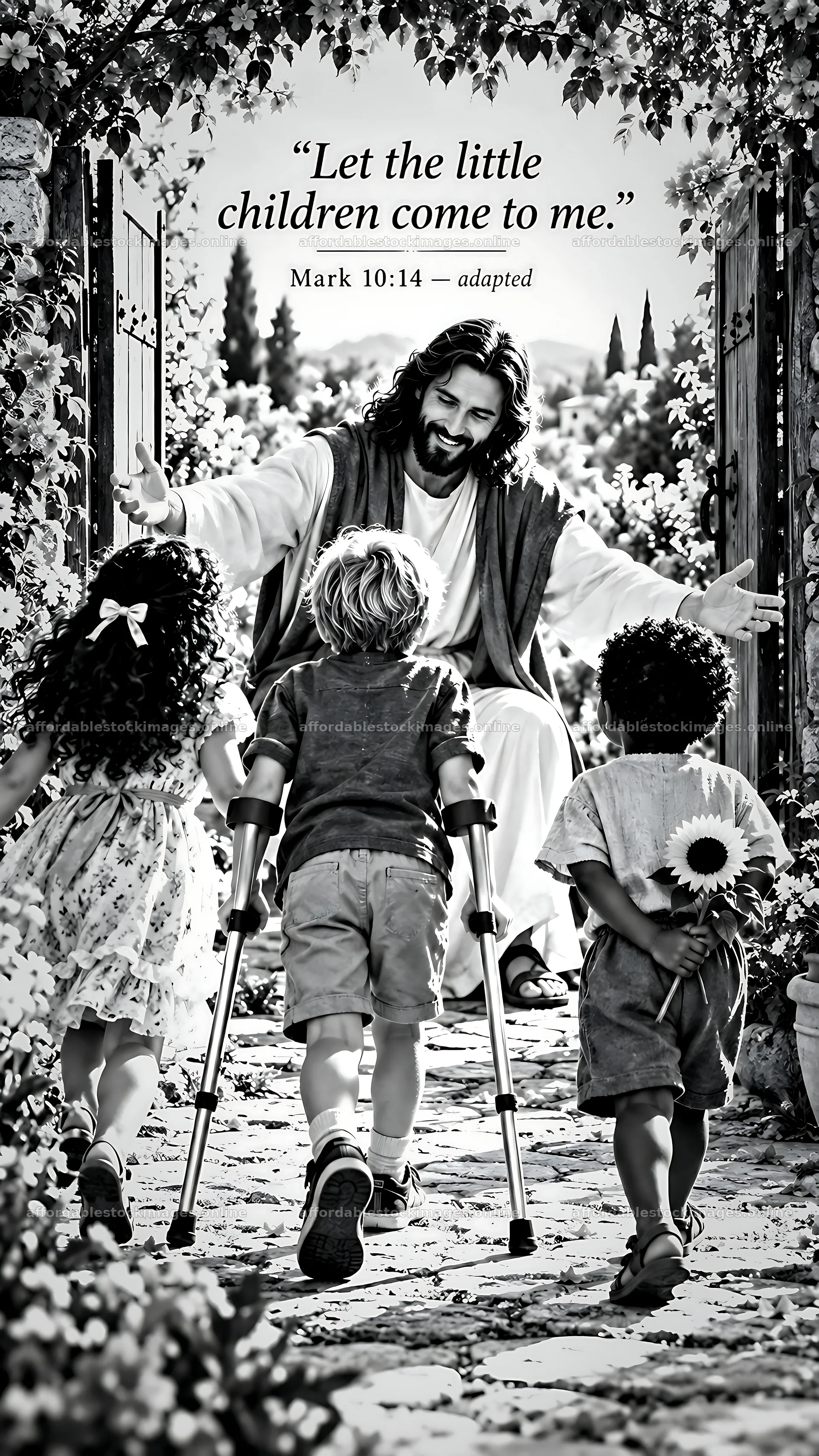 Jesus Christ welcoming children in a garden setting – stock images 5954x10580