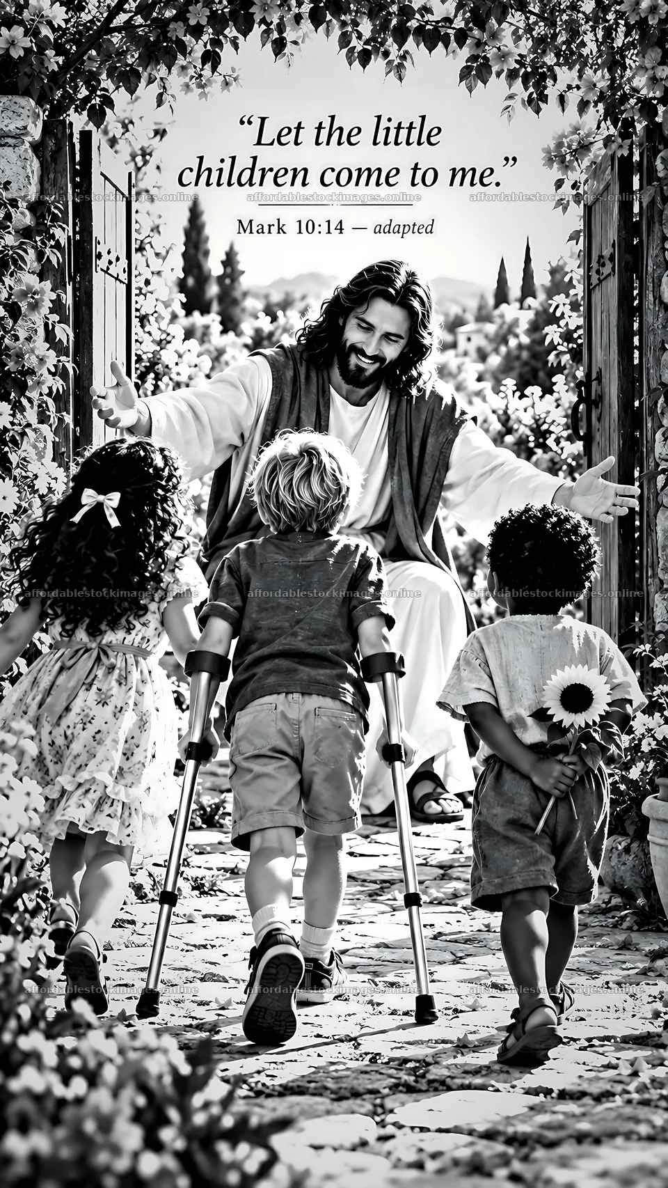 Jesus Christ welcoming children in a garden setting – stock images 5954x10580