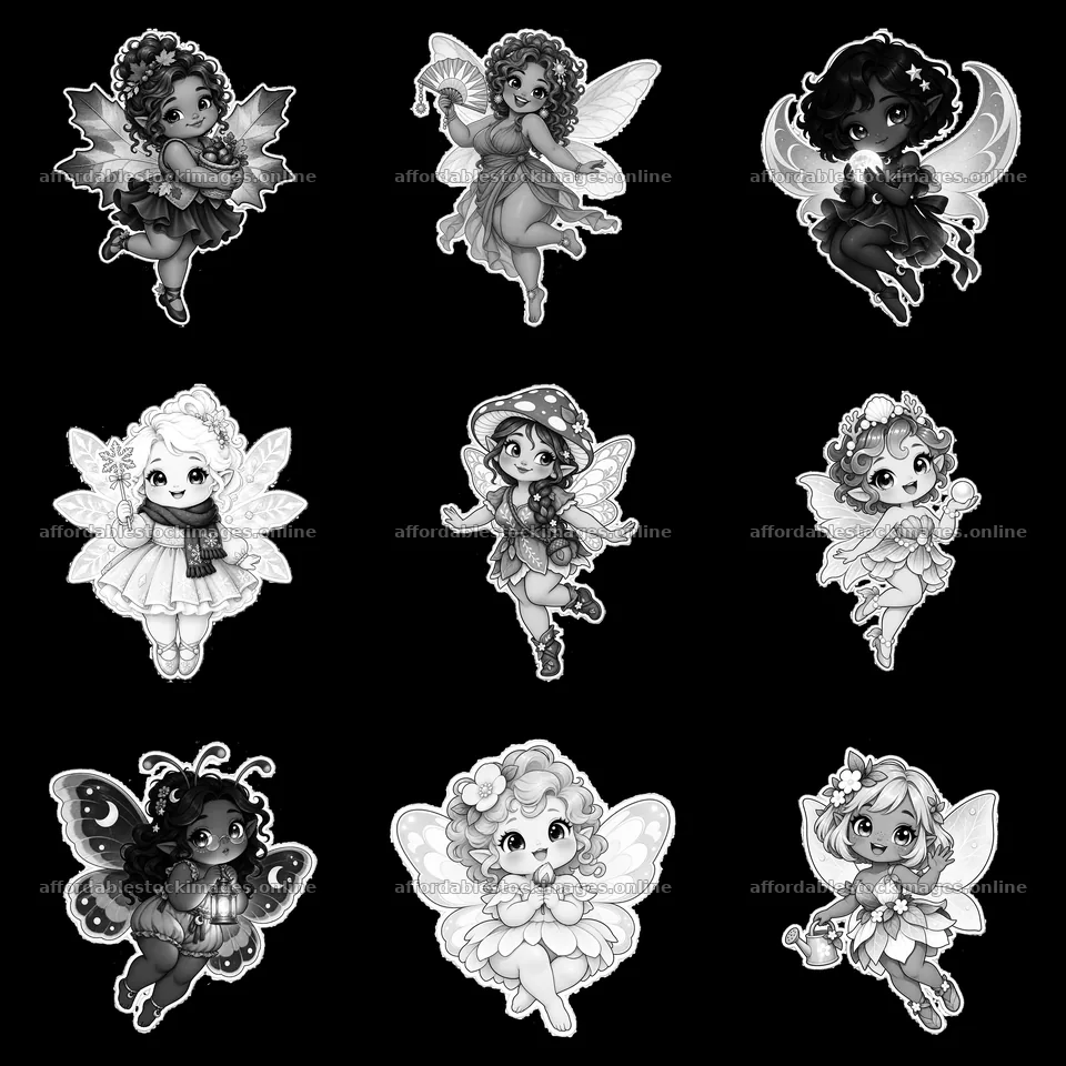 Kawaii chubby fairy characters in black and white grid layout – stock images 7746x7746