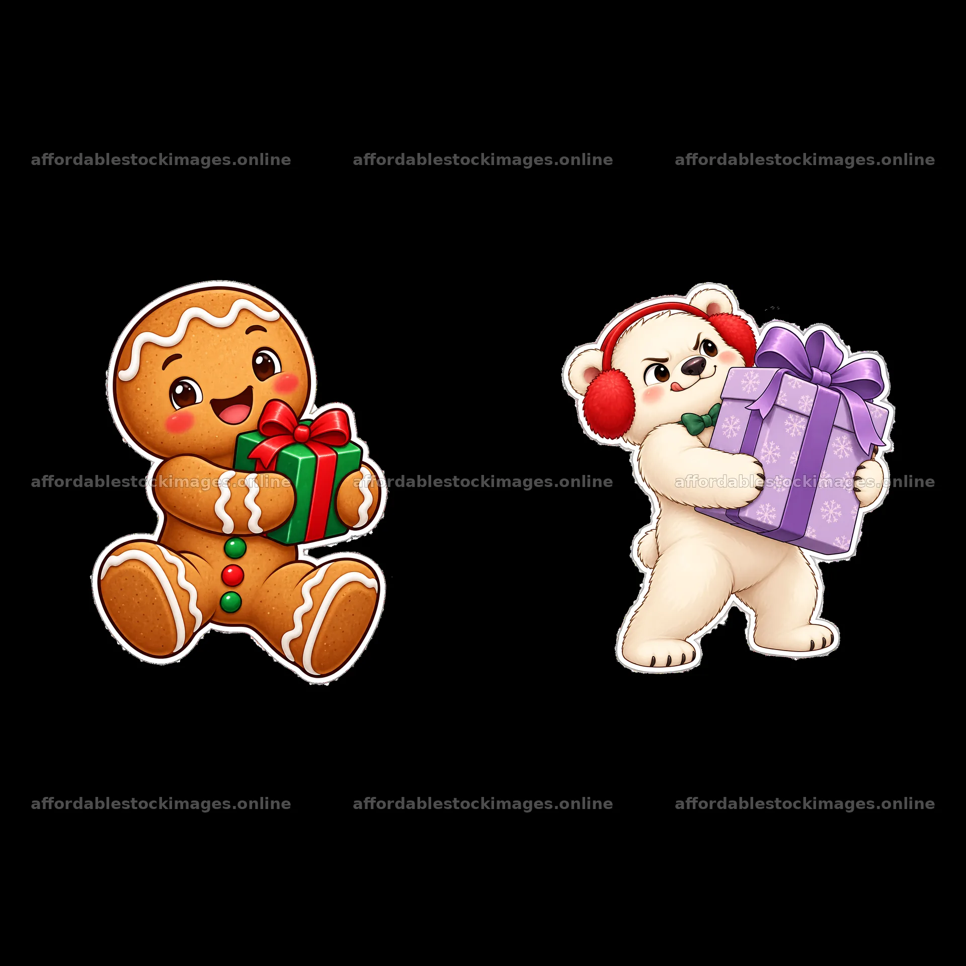 Gingerbread man and polar bear holding Christmas presents – stock images 7746x7746