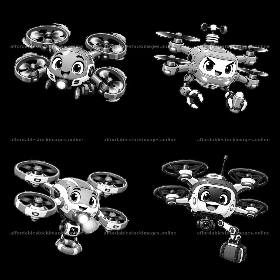 Cartoon drone characters with various features in black and – stock images 7746x7746
