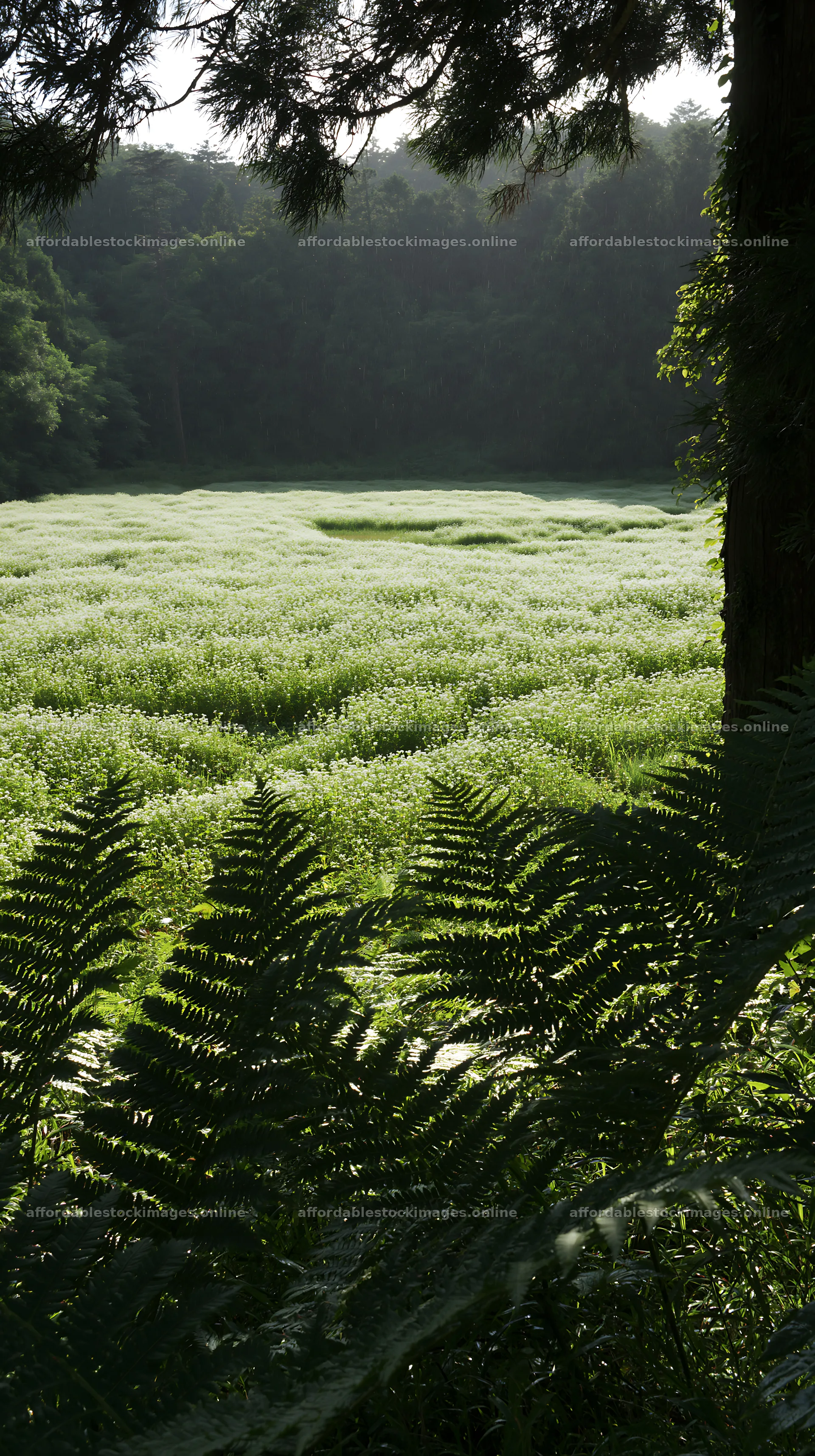 Nara summer meadow with fern foreground in morning light – stock images 5938x10608