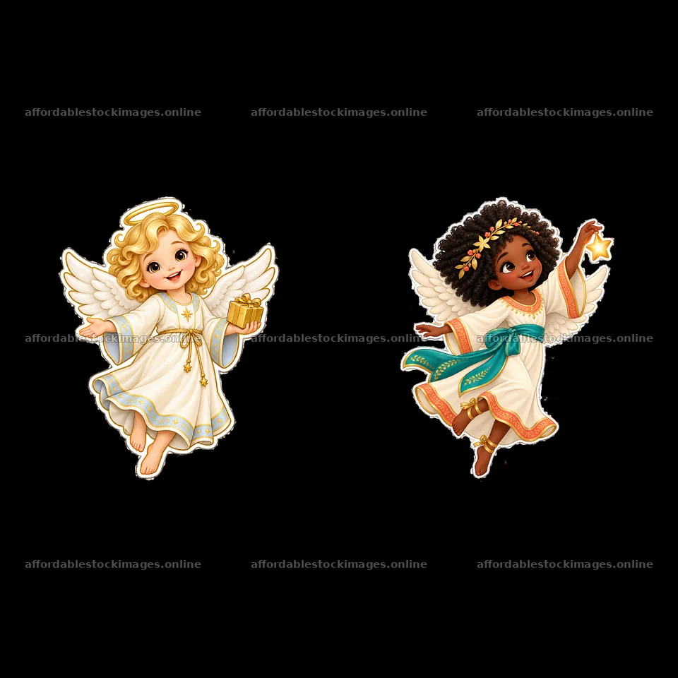 Christmas angels with gifts and stars in festive attire – stock images 7746x7746