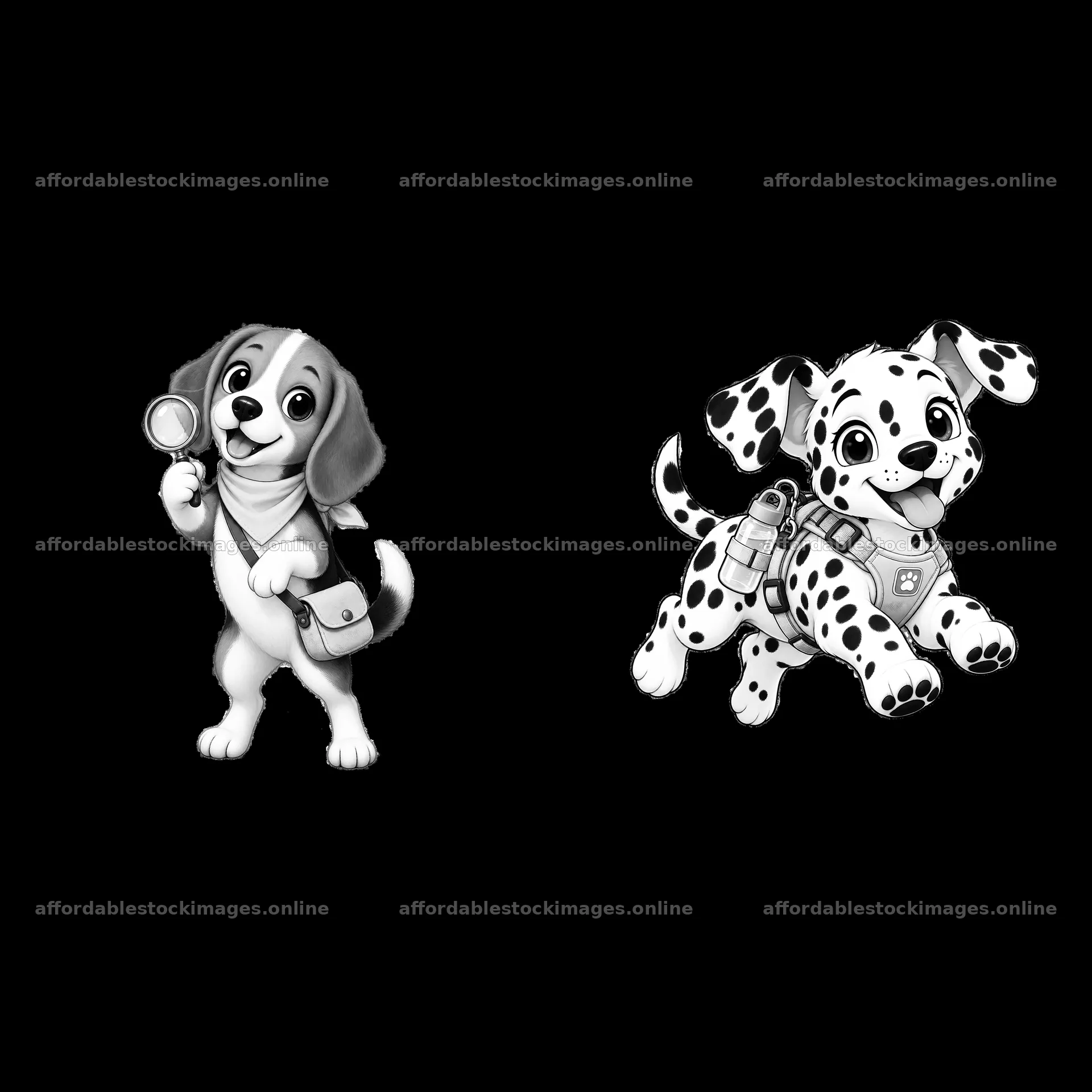 Cute K-9 dogs with accessories exploring together – stock images 7746x7746
