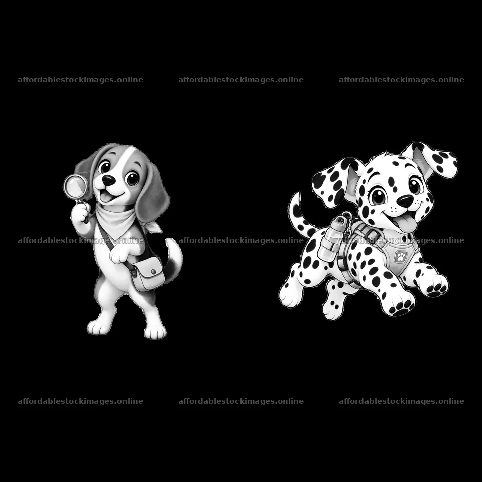 Cute K-9 dogs with accessories exploring together – stock images 7746x7746
