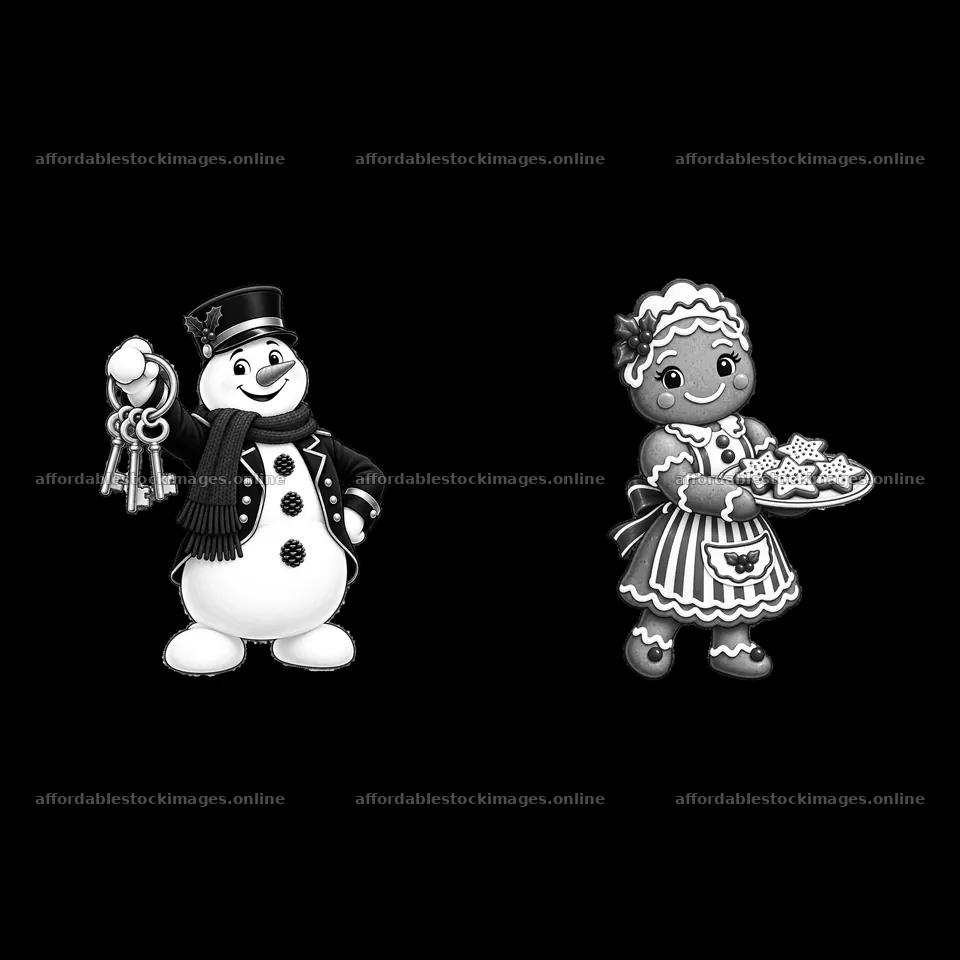 Snowman with keys and gingerbread girl with cookies in – stock images 7746x7746