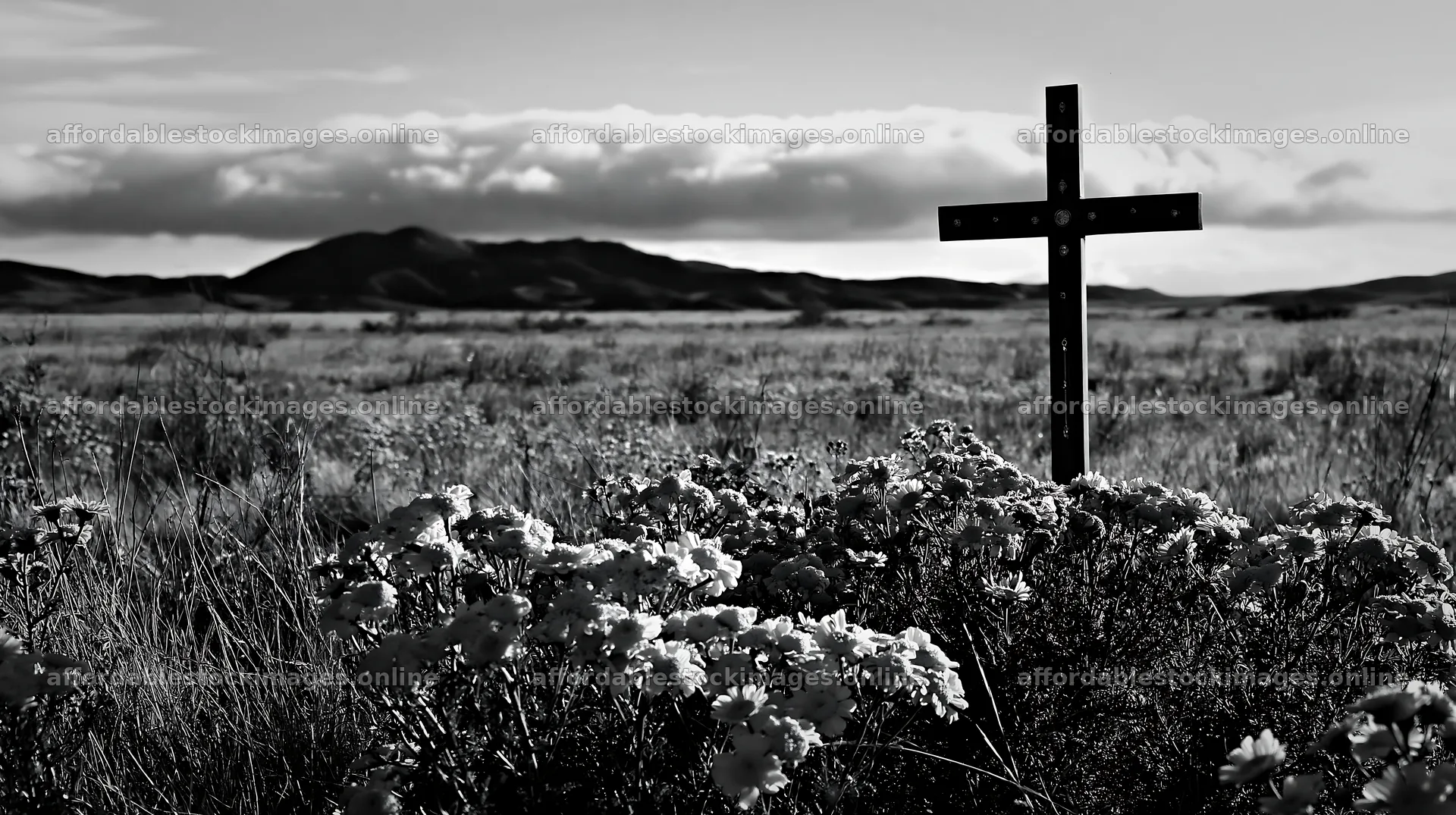 Christian cross surrounded by yellow wildflowers in a meadow – stock images 10608x5938